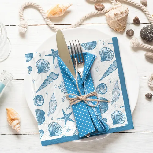 Vista 4 de AnyDesign Paquete de 100 servilletas de papel de concha de mar azul océano playa, servilletas desechables de verano náuticas de almuerzo bajo