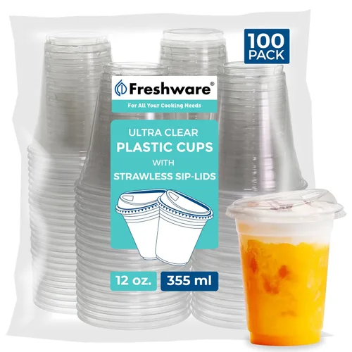 Freshware Vasos de plástico transparente con tapas para sorbos sin popote [100 tazas – 12 onzas] Vaso desechable para café helado, batido, bebidas