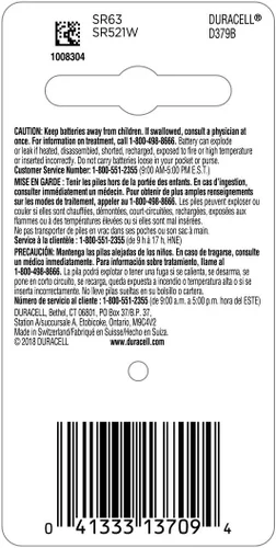 Vista 2 de Duracell Batería de botón de óxido de plata 379, paquete de 1, batería 379 de 1.5 voltios, larga duración para relojes, dispositivos médicos