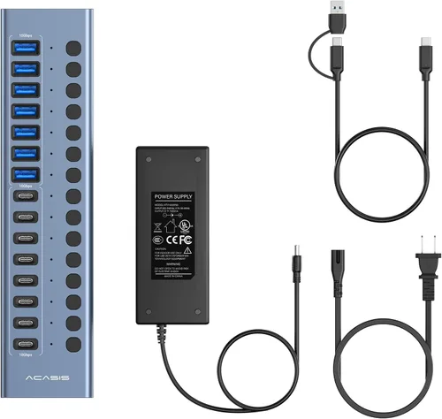 Vista 6 de Hub USB 3.2 alimentado, ACASIS 16 puertos USB 3.2 Hub (8 puertos USB-A 3.2 + 8 puertos USB-C 3.2), concentrador USB de aluminio alimentado