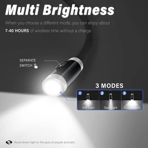 Vista 3 de Vekkia Luz LED recargable de lectura para el cuello, luces de libro para leer en la cama, 3 niveles de brillo, brazos de silicona suave flexible