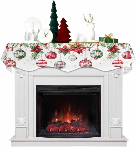 Vista 15 de Mantel con diseño de copo de nieve azul para chimenea de Navidad, bufanda para repisa, estola para estantes, renos, alces, nieve, bosque, cubierta