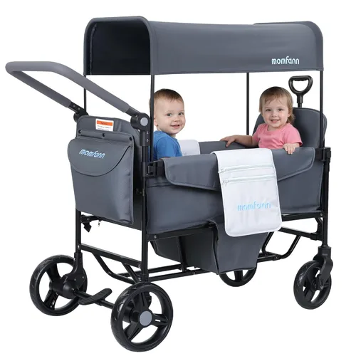 MOMFANN Cochecito Wagon para 2 niños, plegable todo terreno con asa ajustable para empujar y jalar, toldo extraíble, arnés de seguridad de 5 puntos