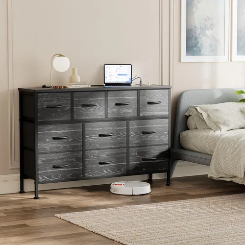 Vista 16 de Mueble de TV con toma de corriente, cómoda de 43 pulgadas de largo para dormitorio con 10 cajones de tela, cómoda para sala de estar, pasillo