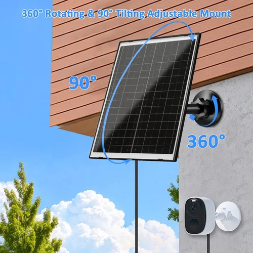 Vista 7 de Zivif Panel Solar para Cámara de Seguridad, Cargador Solar de 10W Compatible con Cámara Alimentada por Batería, USB-C, Micro USB y Puerto DC