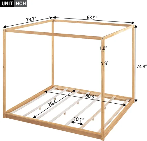 Vista 2 de Harper & Bright Designs Cama King con dosel de madera con 4 paneles de póster, marco de cama de suelo, cama de plataforma tamaño King para niños