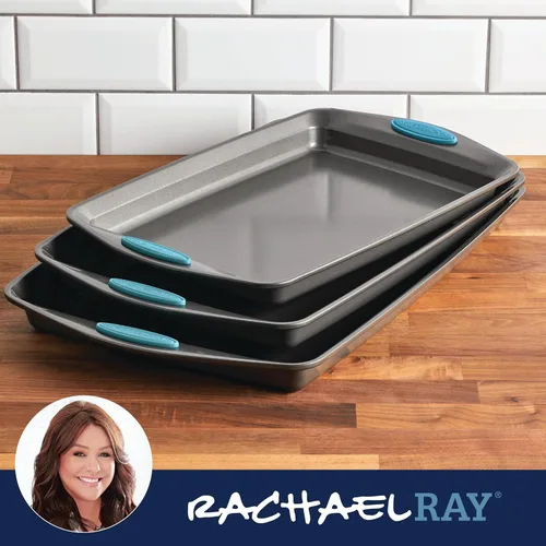 Vista 9 de Rachael Ray Bakeware - Juego de bandejas antiadherentes para galletas, 3 piezas, gris con agarres azul agave