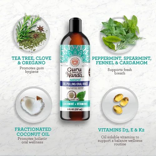 Vista 7 de GuruNanda Fórmula avanzada de extracción de aceite (8 onzas líquidas) con raspador de lengua y aceite de coco para jalar aceite de coco y menta