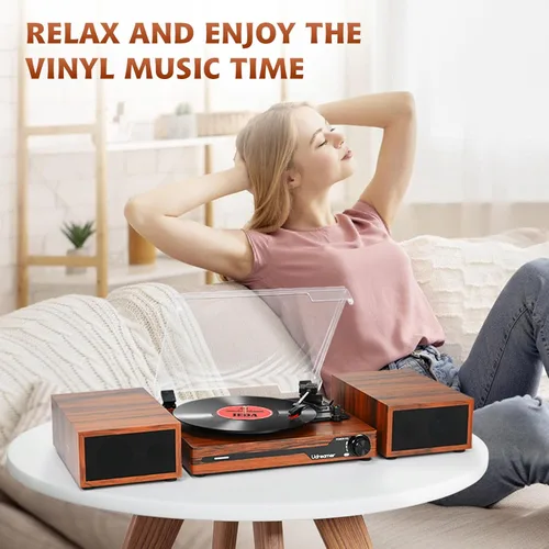 Vista 7 de Tocadiscos de vinilo con altavoces, tocadiscos portátil Bluetooth para discos de vinilo, reproductor de fonógrafo LP con 3 velocidades USB RCA