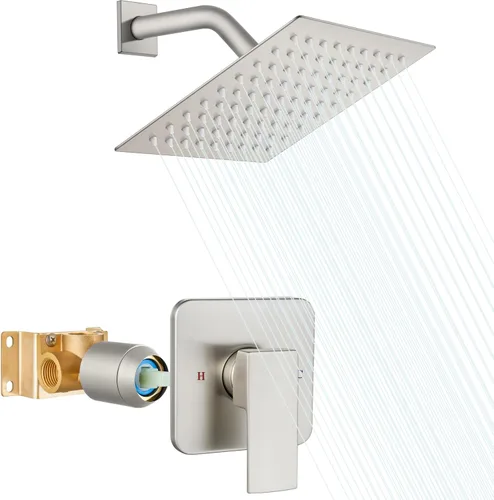Vista 10 de Heyalan Juego de cabezal de ducha y mango de 8 pulgadas, juego de grifo de ducha cuadrado para baño, sistema de ducha de lluvia de acero inoxidable