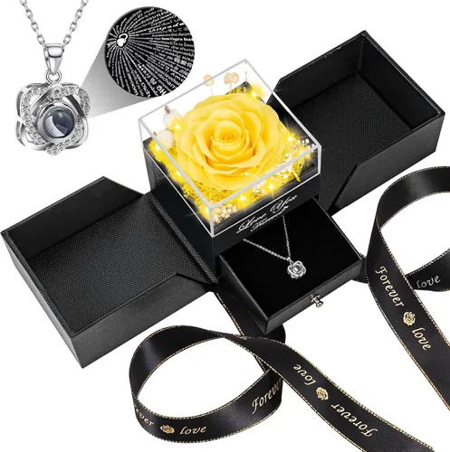 Vista 18 de Collar con diseño de rosa real preservada con corazón con texto en inglés "I Love You", flores eternas, regalos de cumpleaños para mujeres, mamá