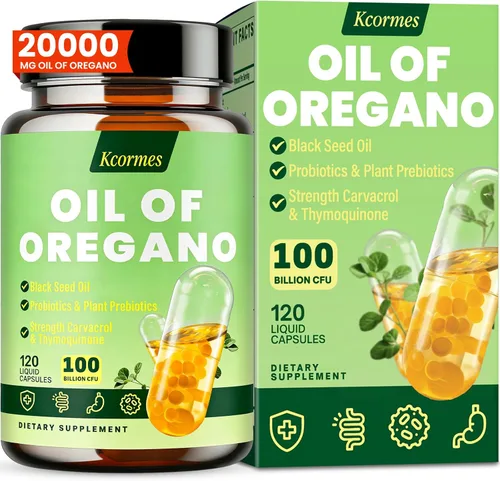 Aceite de orégano con aceite de semilla negra - 20000 mg de orégano | Mezcla de hierbas 17 en 1 con probiótico, Carvacrol y timoquinona de fuerza