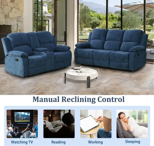 Vista 8 de Juego de sofá reclinable para sala de estar, juego de muebles de 2 piezas, sofá reclinable de 3 asientos y sofá biplaza con portavasos y consola