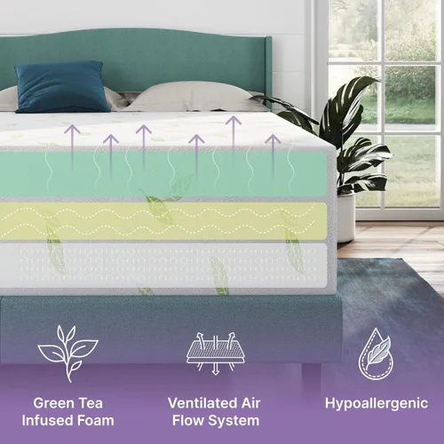 Vista 4 de NapQueen Colchón King de espuma viscoelástica de té verde Anula de 12 pulgadas, colchón de cama King en una caja, certificado CertiPUR-US, firmeza
