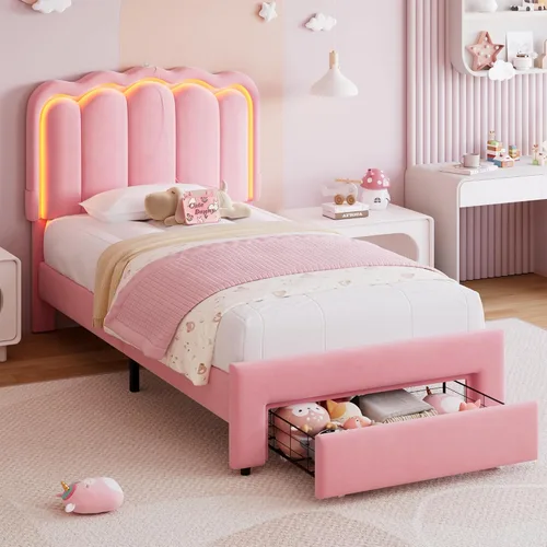 Vista 16 de Marco de cama LED tapizado individual con cajón de almacenamiento y cabecera doble ondulada ajustable, cama de plataforma de terciopelo