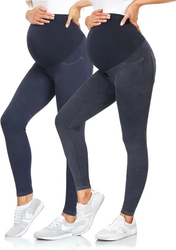 HOFISH Maternity Denim Leggings Over The Belly Seamless Faux Jeans Comfy Active Stretch Pregnancy Pants with Pockets