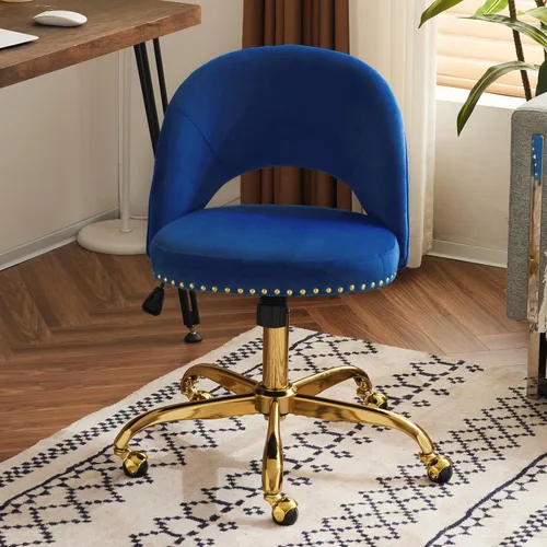 Vista 13 de VINGLI Silla de Oficina Pequeña de Terciopelo Moderna, Linda Silla de Escritorio con Ruedas, Base/Tachuelas Doradas, Cómoda Silla Giratoria sin