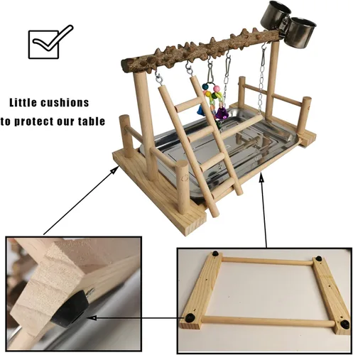 Vista 4 de Hamiledyi Parque de Loros Juguetes de Pájaros Soporte de Madera Ejercicio Perca Gimnasio con Tazas Alimentadoras Juguetes para Cacatúas con Escalera