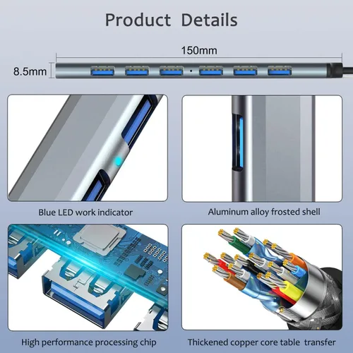 Vista 6 de Hub USB 3.0 con 7 puertos, vienon Aluminium USB 3.0 Hub USB Splitter Extender para laptop, PC, MacBook, Mac Pro, Mac mini, iMac, Surface Pro y más