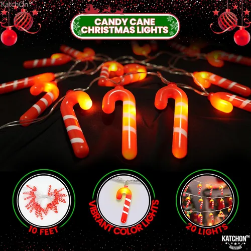 Vista 2 de KatchOn, Guirnalda de luces LED de bastón de caramelo, 10 pies, 20 luces LED de bastón de caramelo, decoraciones de Navidad de bastón de caramelo