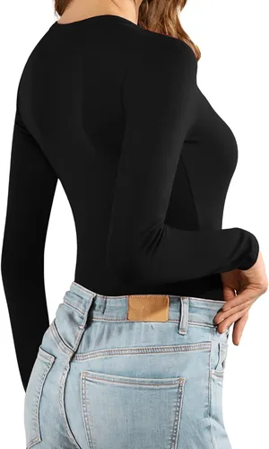 Vista 4 de MANGOPOP Body de manga larga para mujer, con botones, cuello en V, acanalado, camiseta