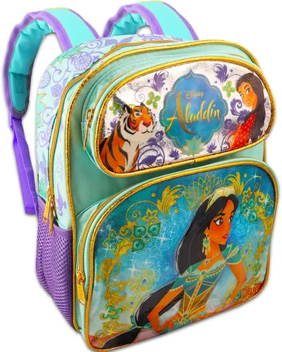 Vista 2 de Disney Aladdin Backpack and Lunch Box Set for Kids - Bundle with 12" Princess Jasmine Mini Backpack, Jasmine Lunch Bag, Stickers, Water Bottle, More