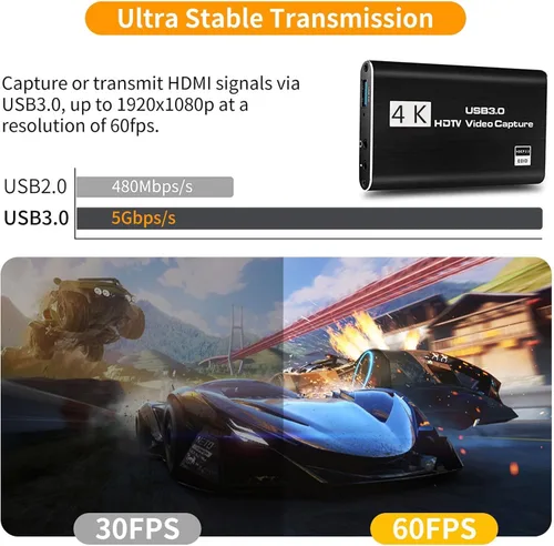 Vista 4 de Tarjeta de captura de video HDMI 4K, Plug & Play USB 3.0 tarjeta de captura de juegos con micrófono, no necesita controlador para PC/Mac, 1080P