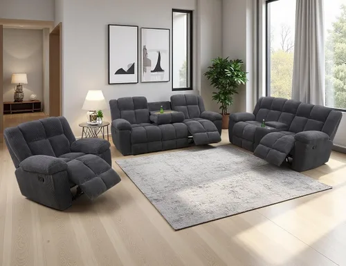 Vista 16 de Juego de sofá reclinable de pana, sofá reclinable manual con portavasos/mesa auxiliar, cómodos sofás reclinables de tela, juegos de muebles de sala