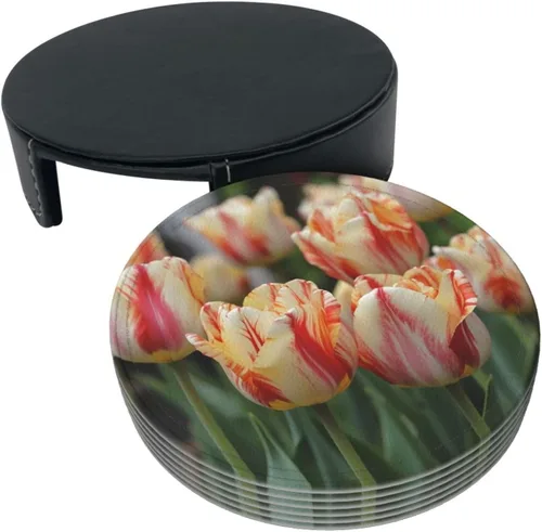Vista 8 de 6Pcs Drink Coasters Round Leather Coaster with Holder Flowers Coasters for Drinks Coffee Cup Mat Heat Resistant Coaster for Tabletop Protection Desk