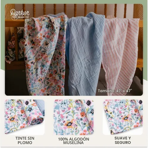 Vista 4 de Parker Mantas Envolventes para Bebé - Paquete de 3 Mantas Envolventes de Muselina 100% Algodón para Bebés Niñas - Conjunto Blossom