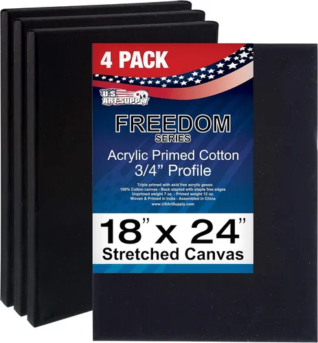 U.S. Art Supply Lienzo negro estirado de 18 x 24 pulgadas, imprimado de 12 onzas, 4 unidades, perfil de calidad profesional de artista de 3/4