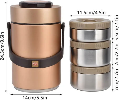 Vista 6 de 2.3L Vacuum Insulated Food Container with 3 Stackable Compartments 304 Stainless Steel Leak Proof Adults Thermal Food Jar for Work Travel Picnic Gold
