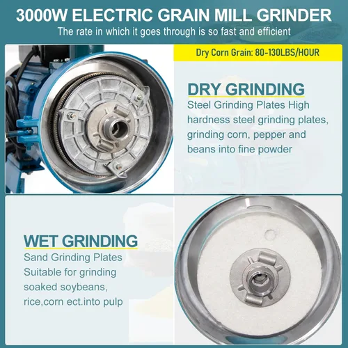 Vista 4 de NAIZEA Molinillo de cereales secos y húmedos, molinillos eléctricos de grano de maíz, máquina de grano comercial resistente de 3000 W 110 V, molino