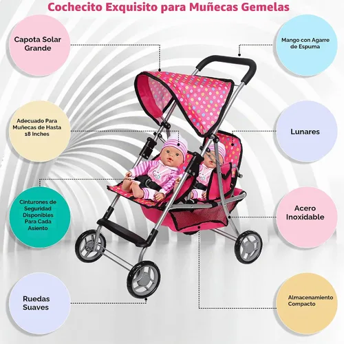 Vista 2 de Cochecito de muñeca gemelo – Cochecito de juego de simulación para muñecas – Cochecito de juguete con cesta de almacenamiento para muñeca de bebé