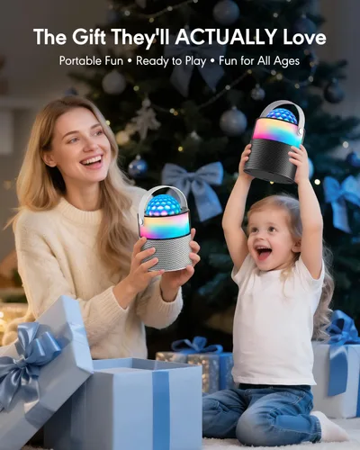 Vista 2 de Máquina de karaoke con luces LED de discoteca para adultos y niños, altavoz Bluetooth portátil con 2 micrófonos inalámbricos, regalos de cumpleaños
