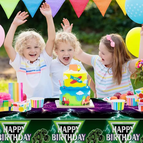 Vista 5 de Manteles de camión monstruo verde y morado – Funda rectangular desechable para baby shower, fiesta de cumpleaños de niños, decoración de mesa