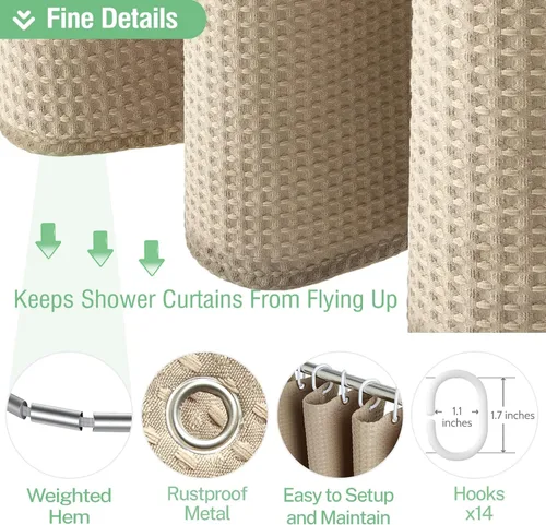 Vista 811 de Cortina de ducha de tela Dynamene verde oscuro - Cortinas de baño de tela de nido de abeja texturizadas resistentes, juego de cortinas de baño