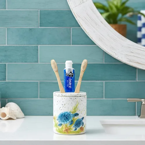 Vista 7 de Soporte para cepillos de dientes de tortuga marina de terrazo de 4 pulgadas, bonito diseño de cara sonriente para baño, almacenamiento higiénico