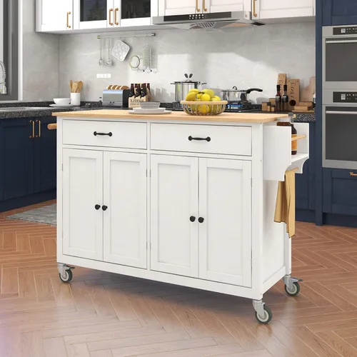 Vista 2 de Carrito de isla de cocina con encimera de madera maciza y 2 cajones, isla de cocina con ruedas de bloqueo con armarios de almacenamiento de 4