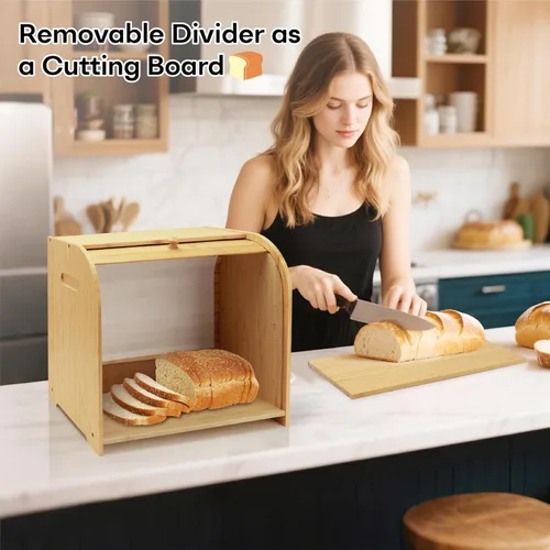 Vista 7 de Panera para Encimera de Cocina, Contenedor de Almacenamiento de Pan de Bambú de Doble Capa para Pan Casero, Panera con Tapa Enrollable con 3 Alturas