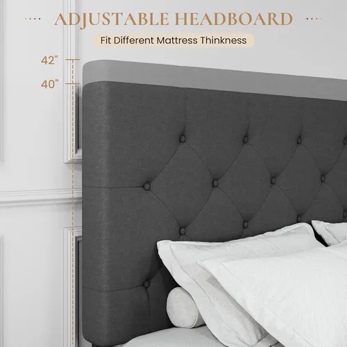 Vista 4 de SHA CERLIN Upholstered King Size Platform Bed Frame with 4 Storage Drawers, Adjustable Headboard with Diamond Stitched Button Tufted Design, Wooden