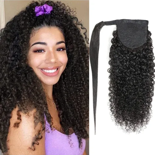 Vista 14 de Extensiones de cola de caballo de cabello humano lacio, color negro natural, pasta mágica envolvente, extensiones de cabello Remy 100% real