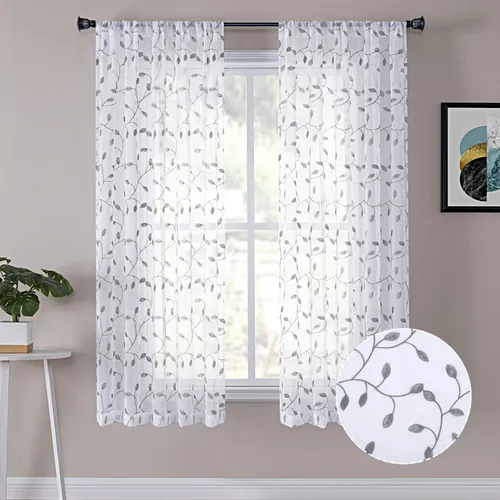 Vista 21 de Cortinas Tollpiz translúcidas, con diseño de hojas bordadas, para dormitorio, de lino sintético, para sala de estar, juego de 2 paneles