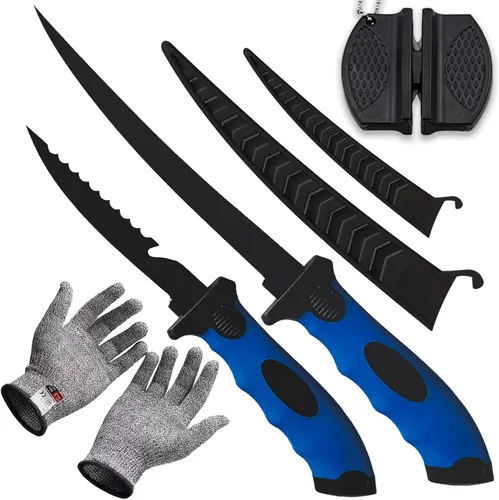 Juego de 2 cuchillos de filete, cuchillos de filete de acero inoxidable de 5 y 7 pulgadas para pescado, equipo de pesca, juego de herramientas de