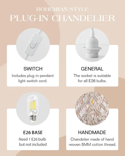 Vista 3 de Lámpara colgante bohemia enchufable con pantalla de macramé, lámpara colgante con cable de enchufe, interruptor de encendido/apagado, lámparas