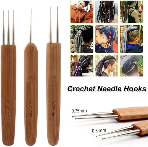 Vista 4 de 0.020 in 0.030 in 1/2/3 cabeza dreadlock ganchillo gancho mango de bambú trenza pelo rastas aguja tejer ganchillo pelo dreadlock trenza accesorios