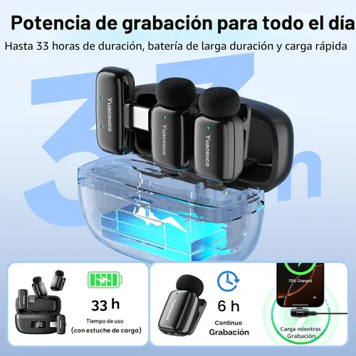 Vista 4 de Mini micrófono inalámbrico Lavalier para iPhone, iPad, Android, reducción de ruido y silencio, funda de carga de 33 horas, cambiador de voz AI, Mic