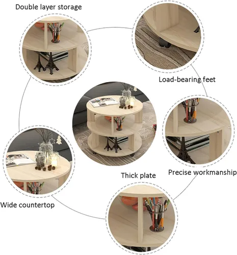 Vista 3 de Mesa auxiliar redonda moderna con almacenamiento, mesita de noche con estantes de 2 niveles, mesa de centro pequeña de madera con ruedas, mesa