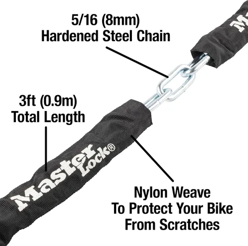 Vista 4 de Cadena de acero endurecido de 3 pies de largo x 5/16 pulgadas de diámetro con cerradura integrada con llave