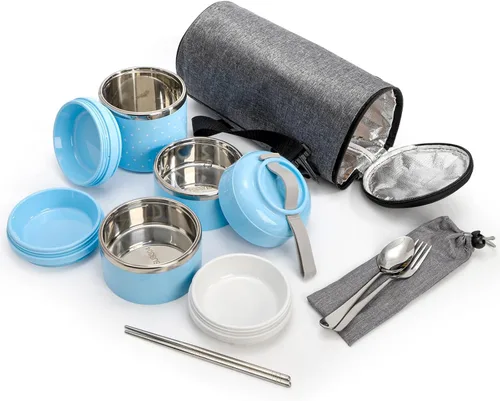 Vista 3 de Yopay Lonchera de acero inoxidable con aislamiento de 3 niveles, control de porciones, apilable para llevar, contenedor de almuerzo con bolsa